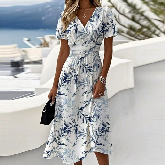 Robe D'Été Plissée Élégante À Col En V Imprimé Taille Haute Pour Femme, Style Français, Décontractée, À Manches Courtes, Pour Les Vacances