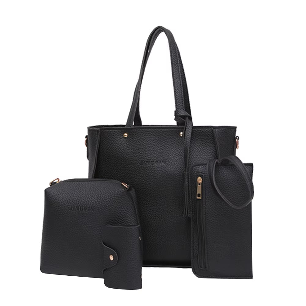 New 2024 New Large Capacity Lychee Pattern Handbags Women'S European and American Retro Fashion Tassel Four-Piece Women'S Bag