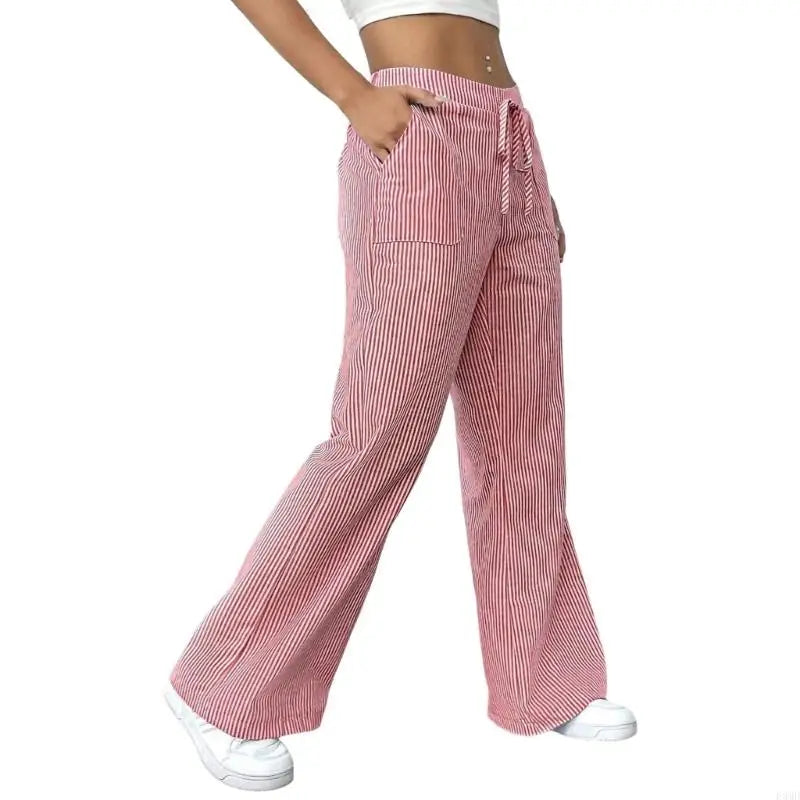 Women'S Wide-Leg Striped Drawstring Low-Rise Casual Loose Trousers with Pockets F3MD