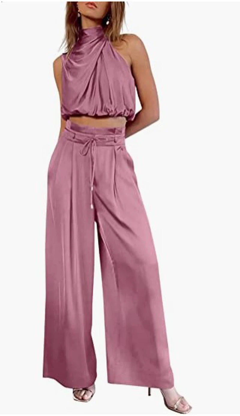 Beige Two Piece Pants Sets Home Wear Women Outfit Silk Pleated Texture Sleeveless Top Wide Leg Pants Set Summer Matching Sets
