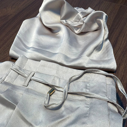 Beige Two Piece Pants Sets Home Wear Women Outfit Silk Pleated Texture Sleeveless Top Wide Leg Pants Set Summer Matching Sets