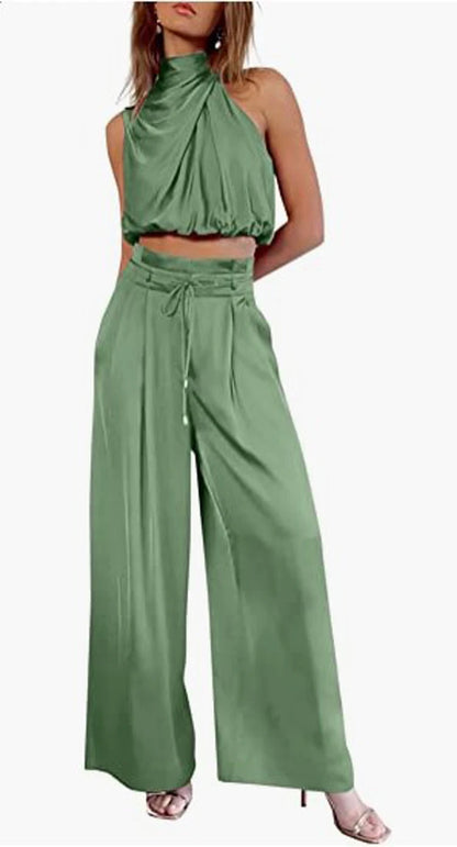Beige Two Piece Pants Sets Home Wear Women Outfit Silk Pleated Texture Sleeveless Top Wide Leg Pants Set Summer Matching Sets