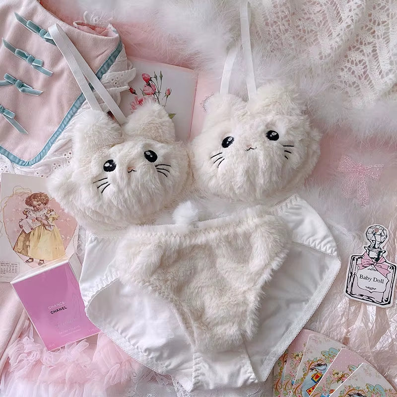 Japanese Girls Winter Soft Ropa Interior Cute Lingerie for Women Cartoon Bear Students Plush Sexy Bras Wireless Thin Bra Set