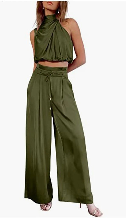 Beige Two Piece Pants Sets Home Wear Women Outfit Silk Pleated Texture Sleeveless Top Wide Leg Pants Set Summer Matching Sets
