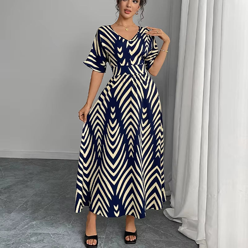 Robes Pour Femmes Mode Imprimé Col En V Manches Courtes Taille Large Robe Été Nouvelle Rayure Ceinture Confortable Élégant Robes De Soirée