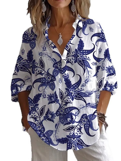 Printemps Automne Imprimé Haut Décontracté Chemise Nouveau Pour Les Femmes Mode À Manches Longues Col En V Bouton Élégant Hauts Amples Chemises Femmes Vêtements