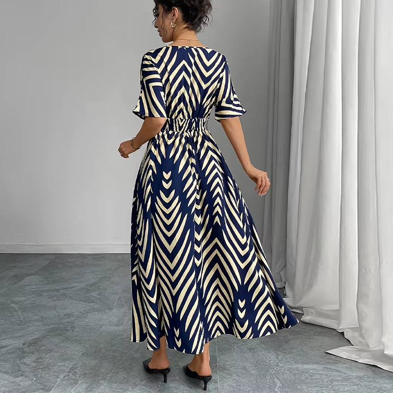 Robes Pour Femmes Mode Imprimé Col En V Manches Courtes Taille Large Robe Été Nouvelle Rayure Ceinture Confortable Élégant Robes De Soirée