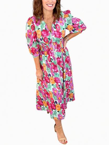 Manon – Bloemen Midi Jurk met Pofmouwen