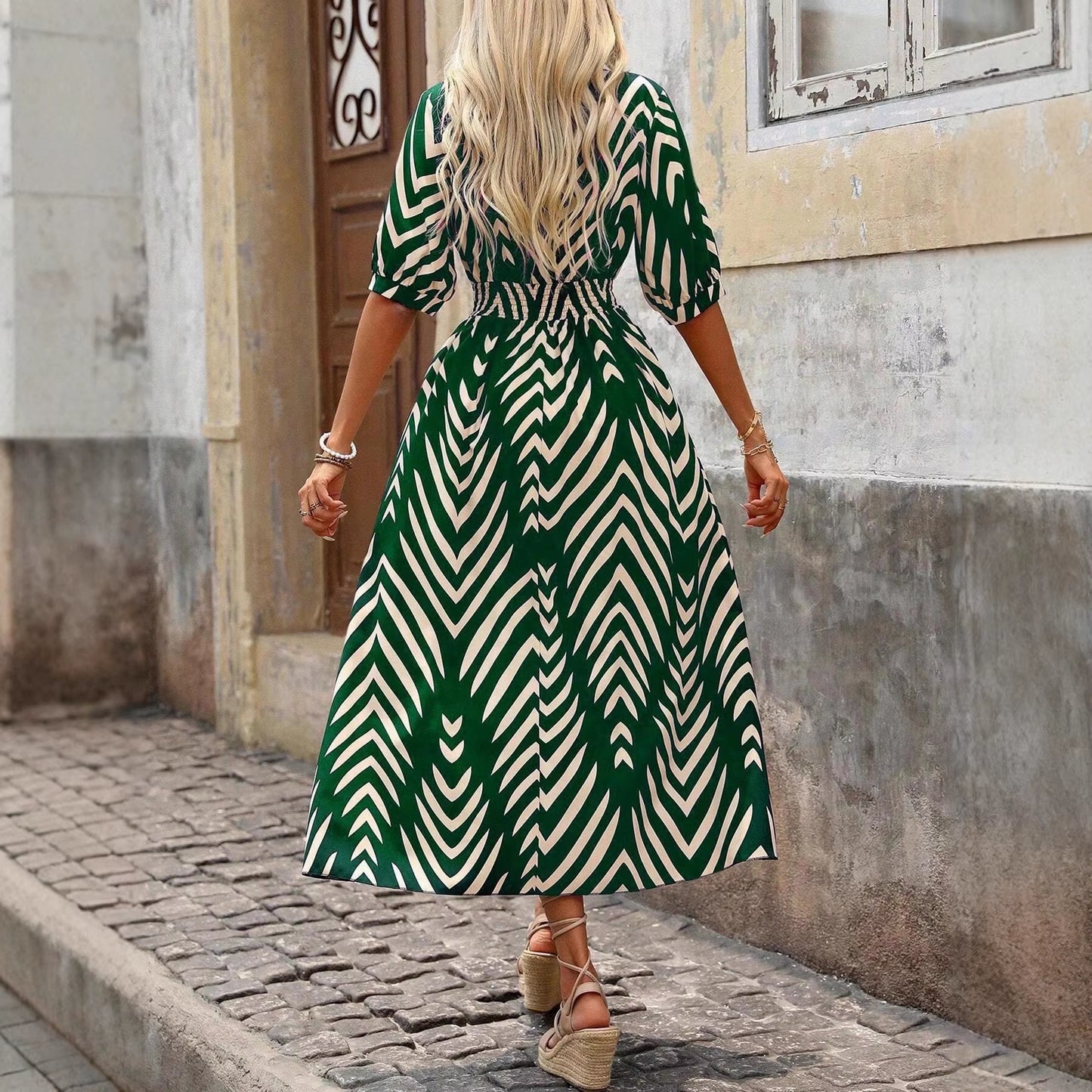 Robe Mi-Longue En Polyester, Style Bohémien, Jupe Longue, Imprimé Bloc De Couleurs, Bas De Cloche, Motif Géométrique, Vacances D'Été, 2025