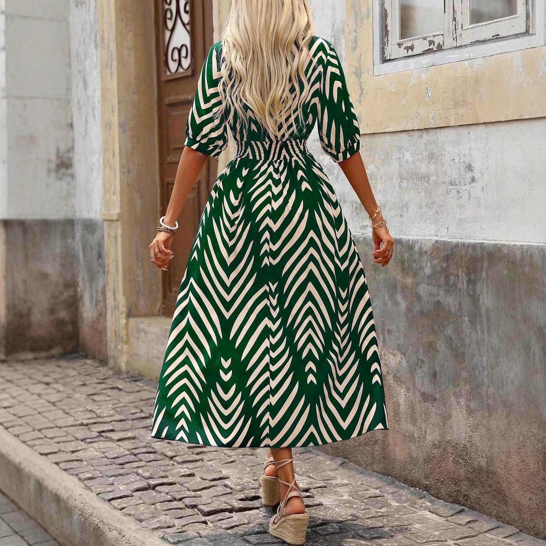 Robe Mi-Longue En Polyester, Style Bohémien, Jupe Longue, Imprimé Bloc De Couleurs, Bas De Cloche, Motif Géométrique, Vacances D'Été, 2025