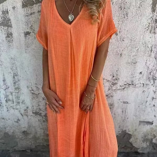 Women'S Short-Sleeved Cotton and Linen Dress V-Neck Loose Large Size Casual Vacation Street Thin Long Skirt