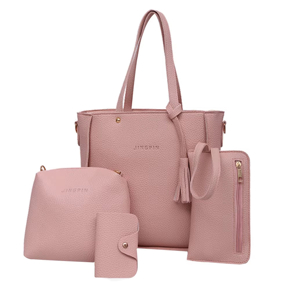 New 2024 New Large Capacity Lychee Pattern Handbags Women'S European and American Retro Fashion Tassel Four-Piece Women'S Bag