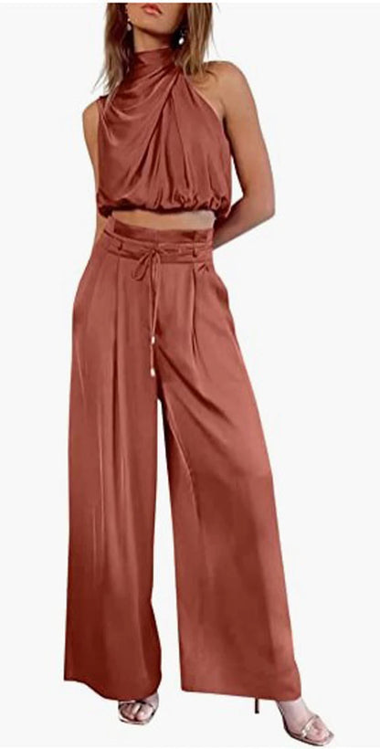 Beige Two Piece Pants Sets Home Wear Women Outfit Silk Pleated Texture Sleeveless Top Wide Leg Pants Set Summer Matching Sets