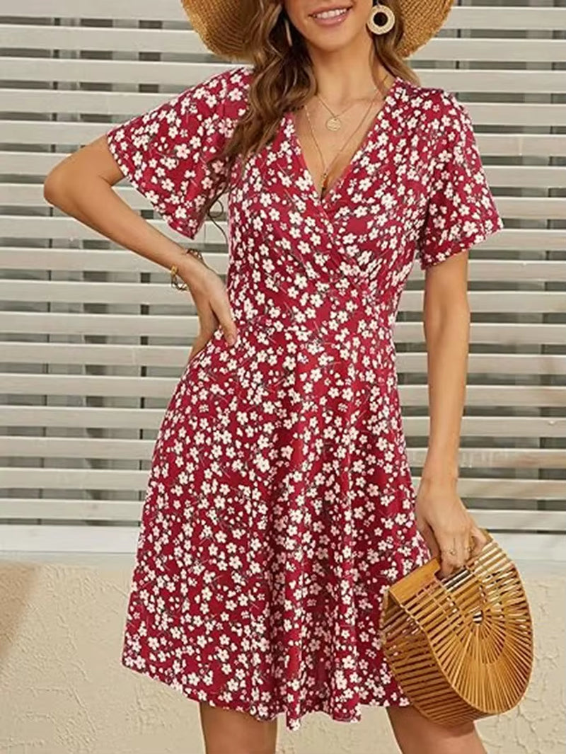 Robe Mi-Longue Pour Femmes, Style Transfrontalier Européen Et Américain, Fleur D'Été, Manches Courtes, Col En V, Robe Portefeuille Trapèze, Nouvelle Collection 2024