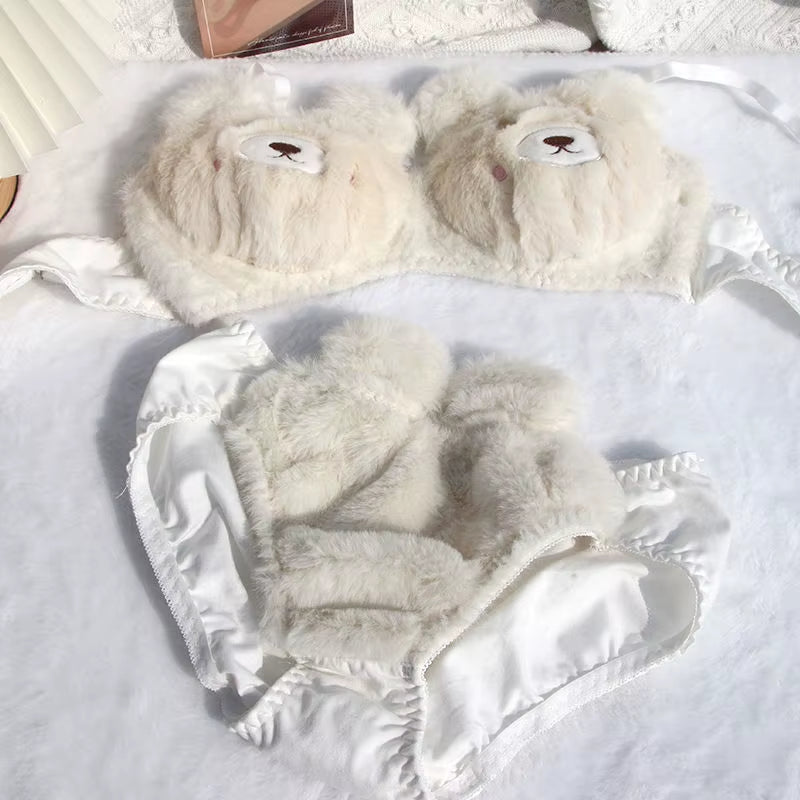 Japanese Girls Winter Soft Ropa Interior Cute Lingerie for Women Cartoon Bear Students Plush Sexy Bras Wireless Thin Bra Set