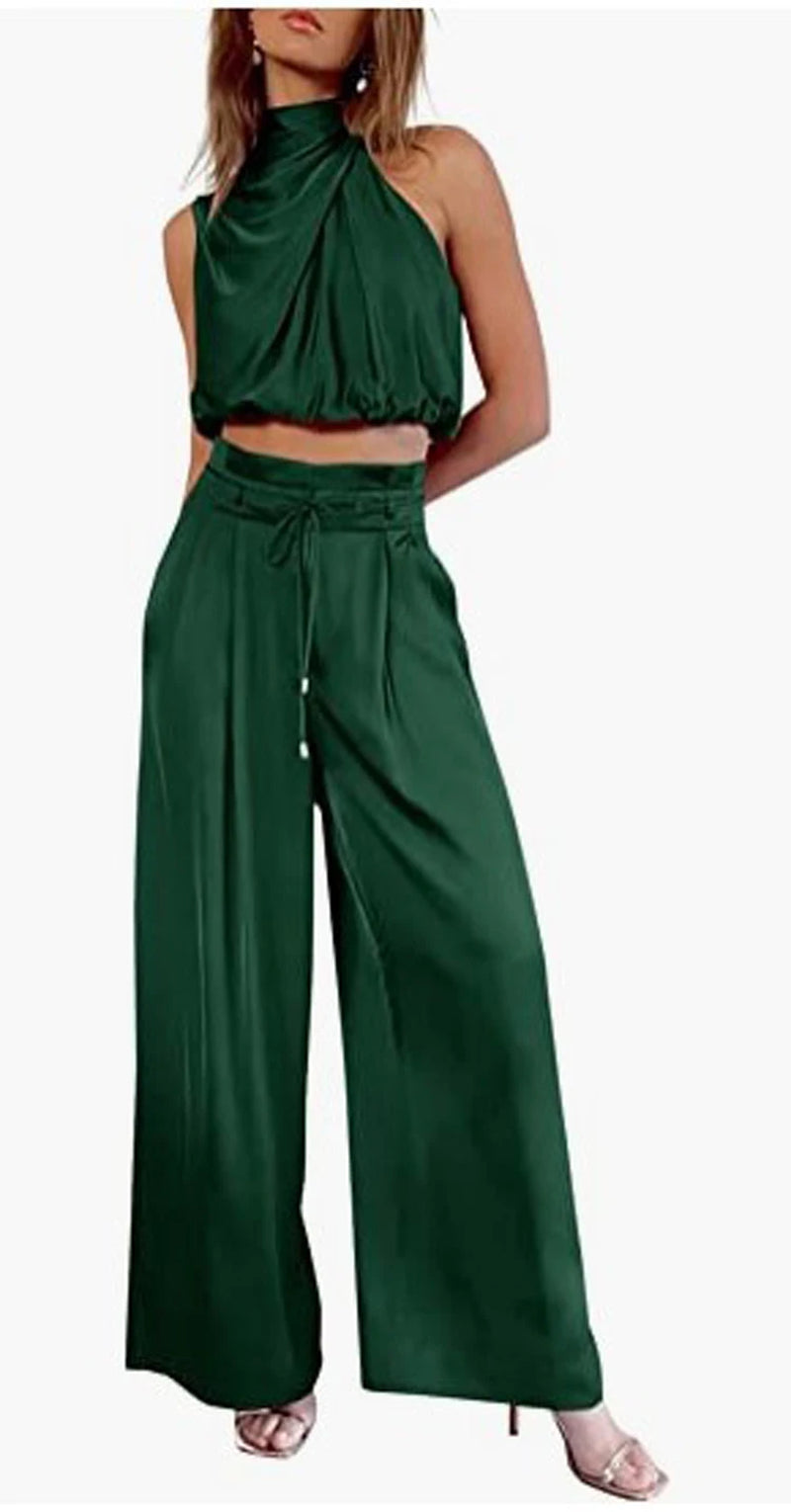 Beige Two Piece Pants Sets Home Wear Women Outfit Silk Pleated Texture Sleeveless Top Wide Leg Pants Set Summer Matching Sets