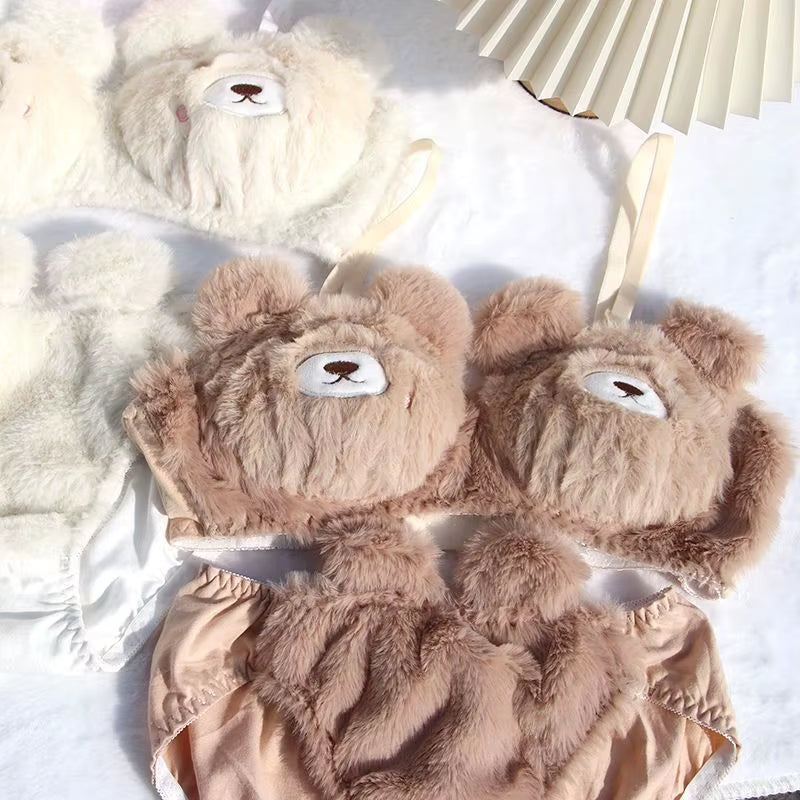 Japanese Girls Winter Soft Ropa Interior Cute Lingerie for Women Cartoon Bear Students Plush Sexy Bras Wireless Thin Bra Set